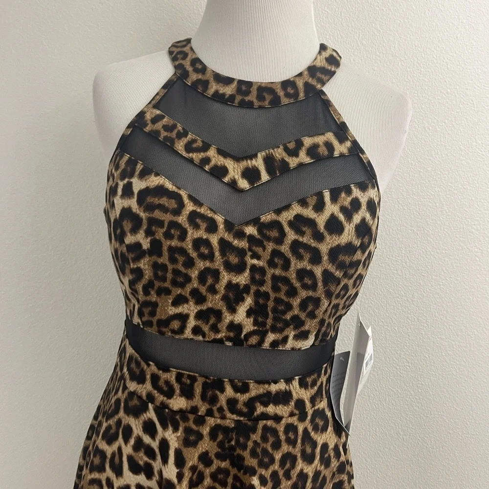 NORDSTROM LEOPARD PRINT BLACK MESH DETAIL FITTED STRECH A-LINE MINI DRESS - Picture 9 of 10